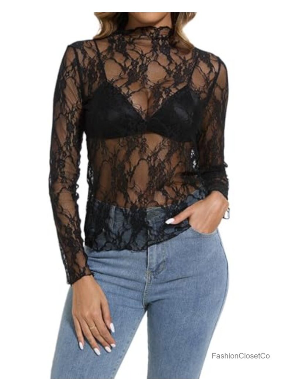 Women's Sheer Mesh Long Sleeve Lace Top Slim Fitted Blouse - Picture 5 of 6